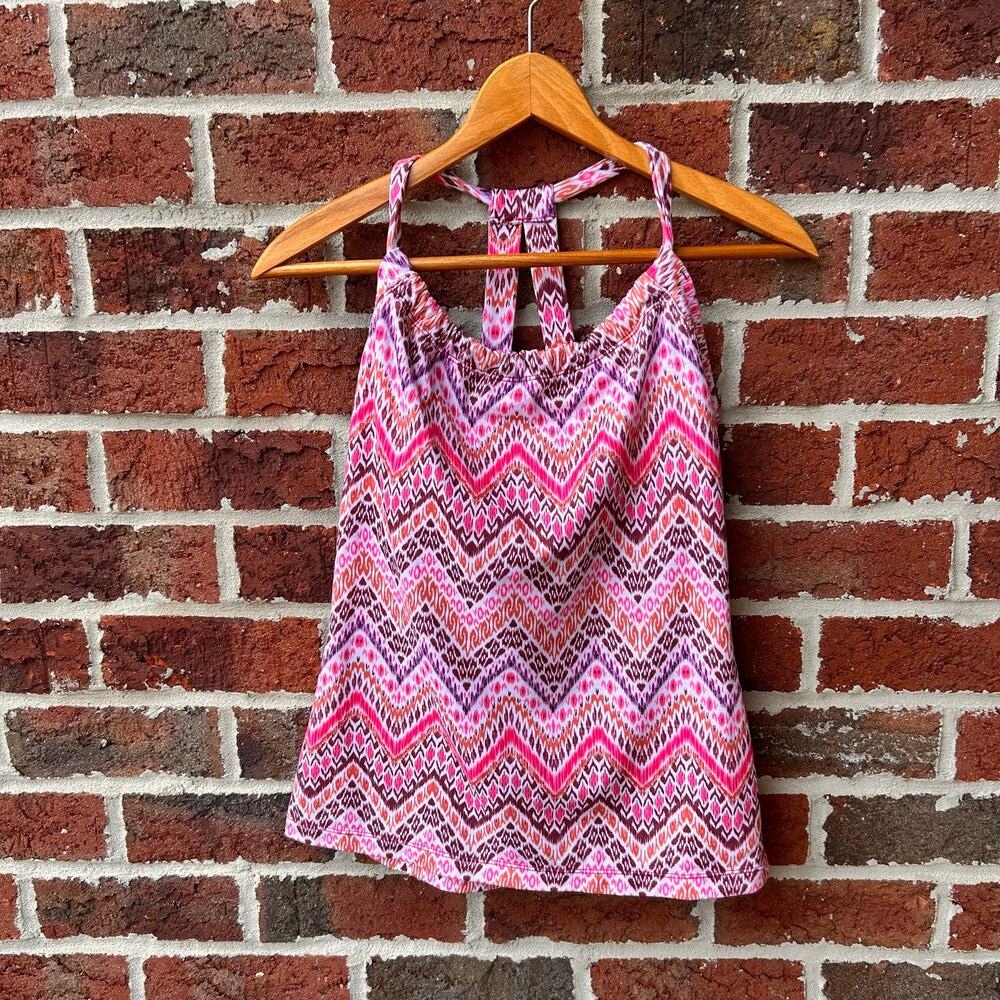 Prana Pink Purple Ikat Print Built In Bra Halter Tank Top Size L